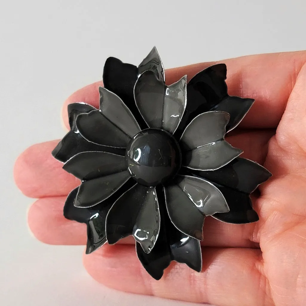 Black and Gray Enamel Flower Pin Vintage 60s