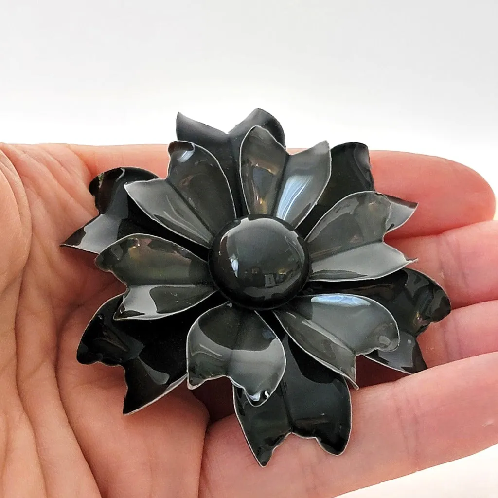 Black and Gray Enamel Flower Pin Vintage 60s