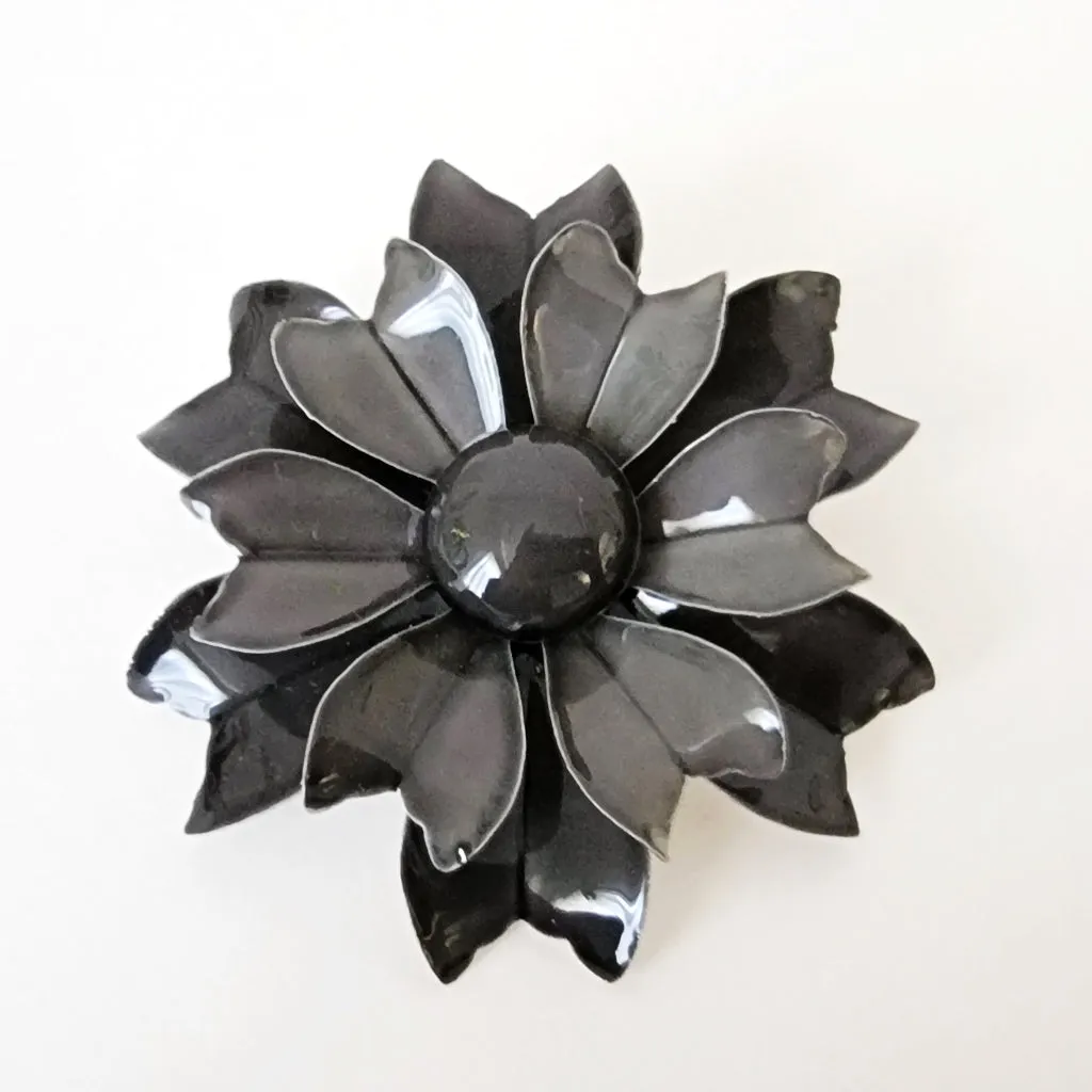 Black and Gray Enamel Flower Pin Vintage 60s
