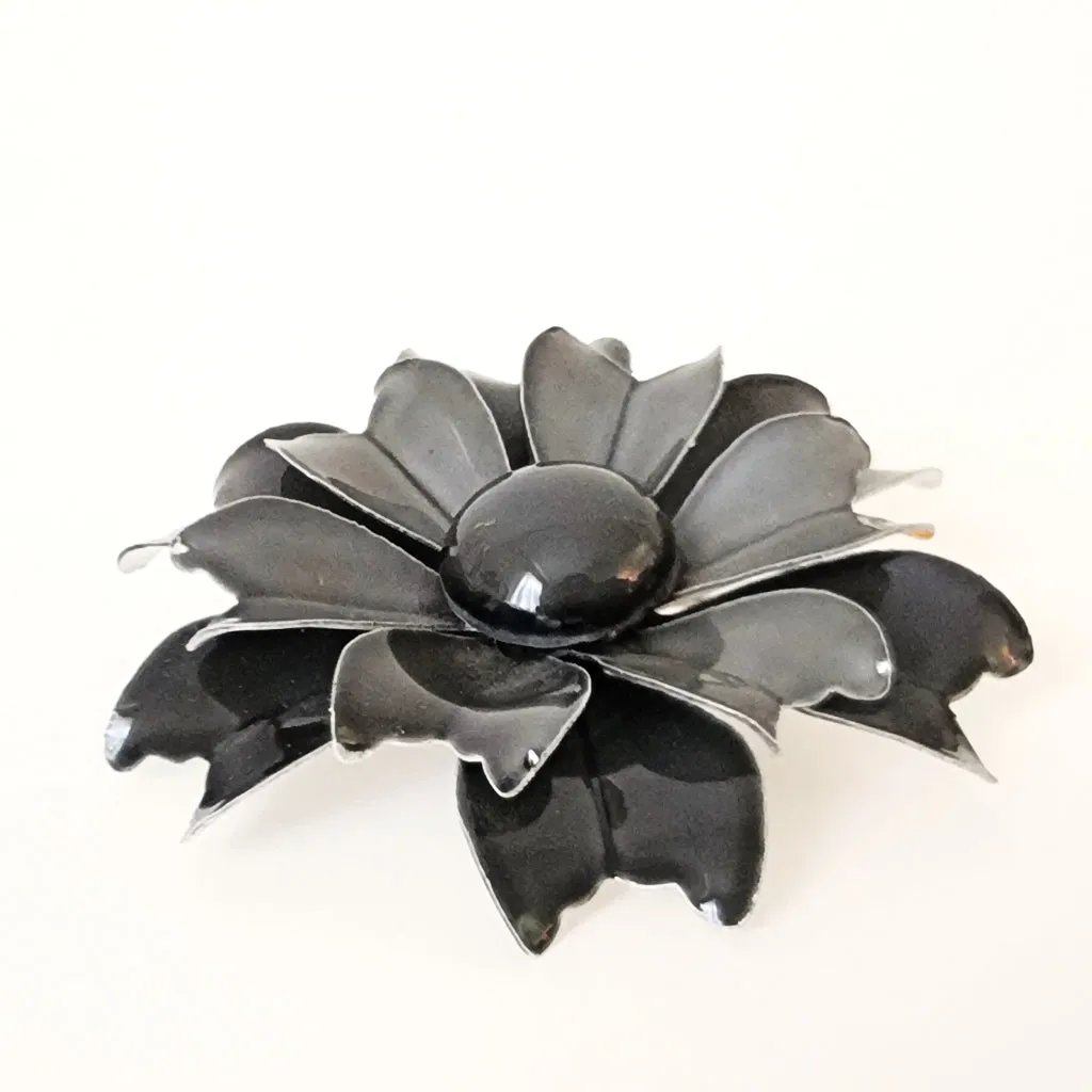 Black and Gray Enamel Flower Pin Vintage 60s