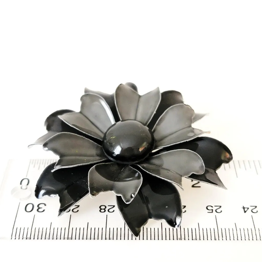Black and Gray Enamel Flower Pin Vintage 60s