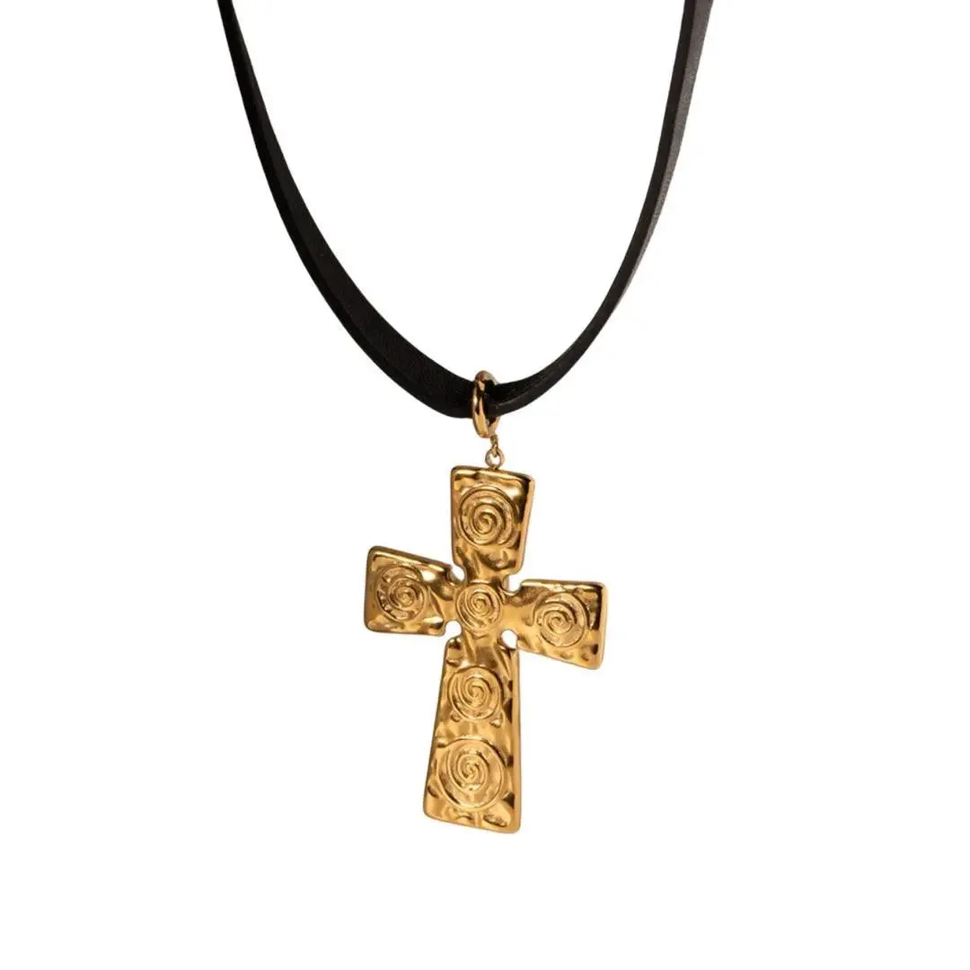 Black Cord Choker Cross Necklace