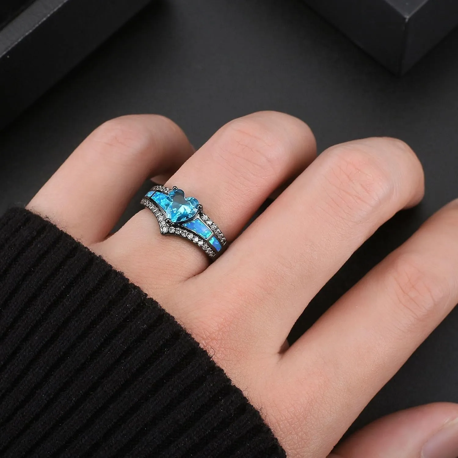 Black Engagement Ring for Women by Ginger Lyne | Promise Ring for Her | Mystic Purple Cubic Zirconia Wedding Rings | Simulated Fire Opal Birthstone or Bridal for Women
