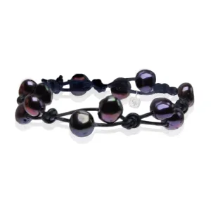 Black Freshwater Pearl & Black Leather 'Warrior' Bracelet