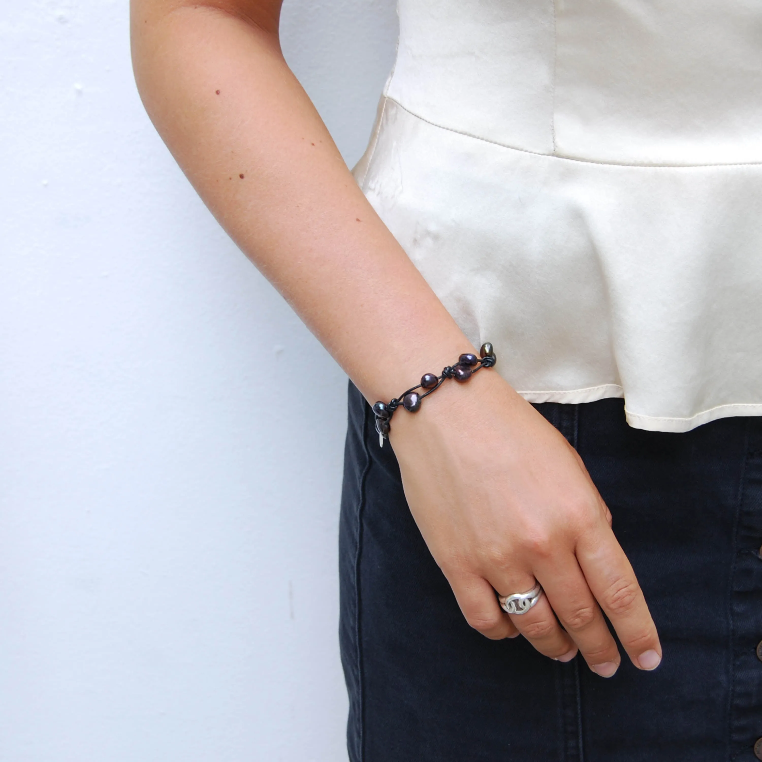 Black Freshwater Pearl & Black Leather 'Warrior' Bracelet