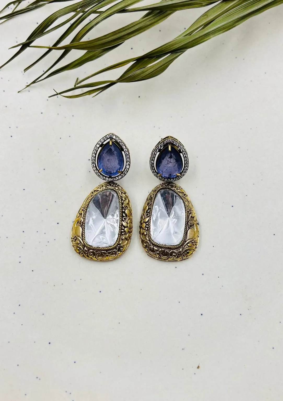 Blue Polki Kundan Dangler Earrings