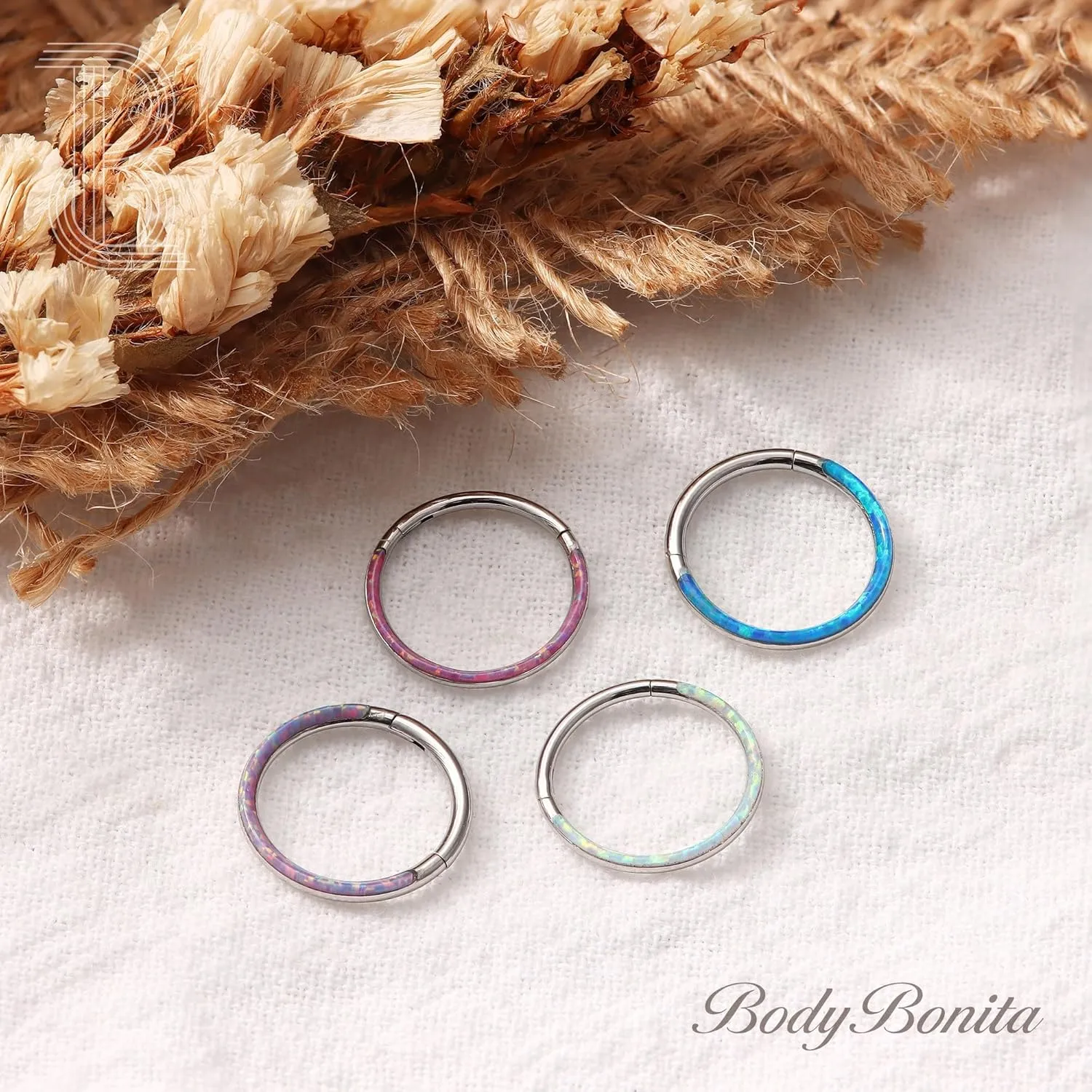 BodyBonita Hinged Opal Nose Rings Hoops - 16G/18G/20G 316L Surgical Steel Hinged Hoop Nose Rings for Women Septum Rings Conch Helix Daith Piercing Jewelry Purple/Pink/Blue/White 10mm/8mm Silver/Gold