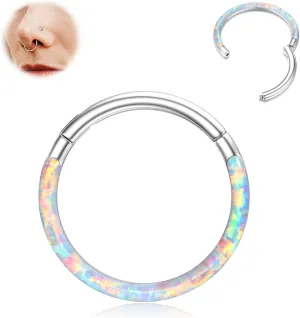 BodyBonita Hinged Opal Nose Rings Hoops - 16G/18G/20G 316L Surgical Steel Hinged Hoop Nose Rings for Women Septum Rings Conch Helix Daith Piercing Jewelry Purple/Pink/Blue/White 10mm/8mm Silver/Gold
