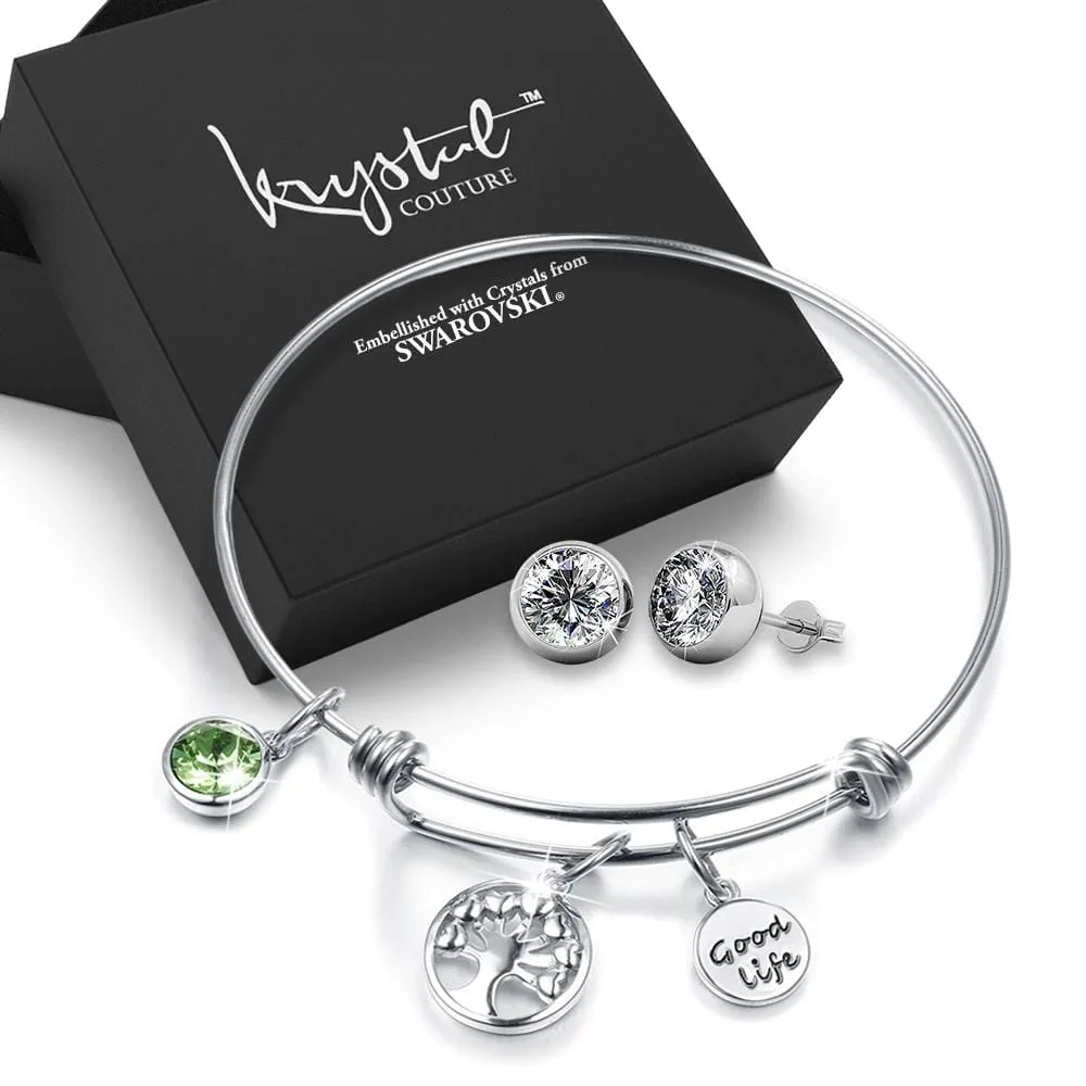 Boxed Inspiring Tree of Life Adjustable Bangle & Opulence Earrings in White Gold Embellished With SWAROVSKI® Crystals Set