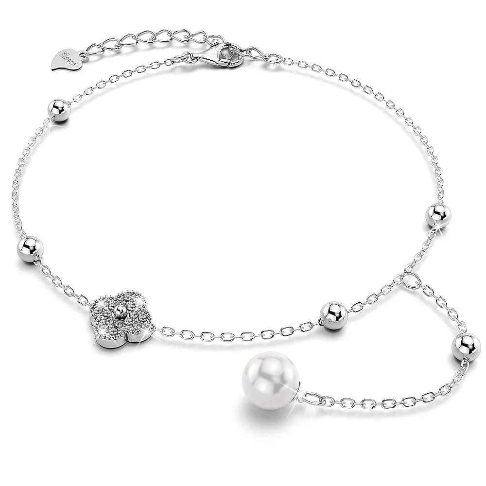 Boxed Solid 925 Signature Silver Clover Pearl Earrings and Bracelet Set