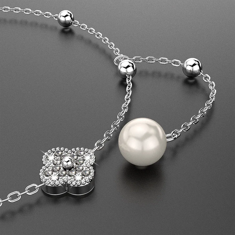 Boxed Solid 925 Signature Silver Clover Pearl Earrings and Bracelet Set