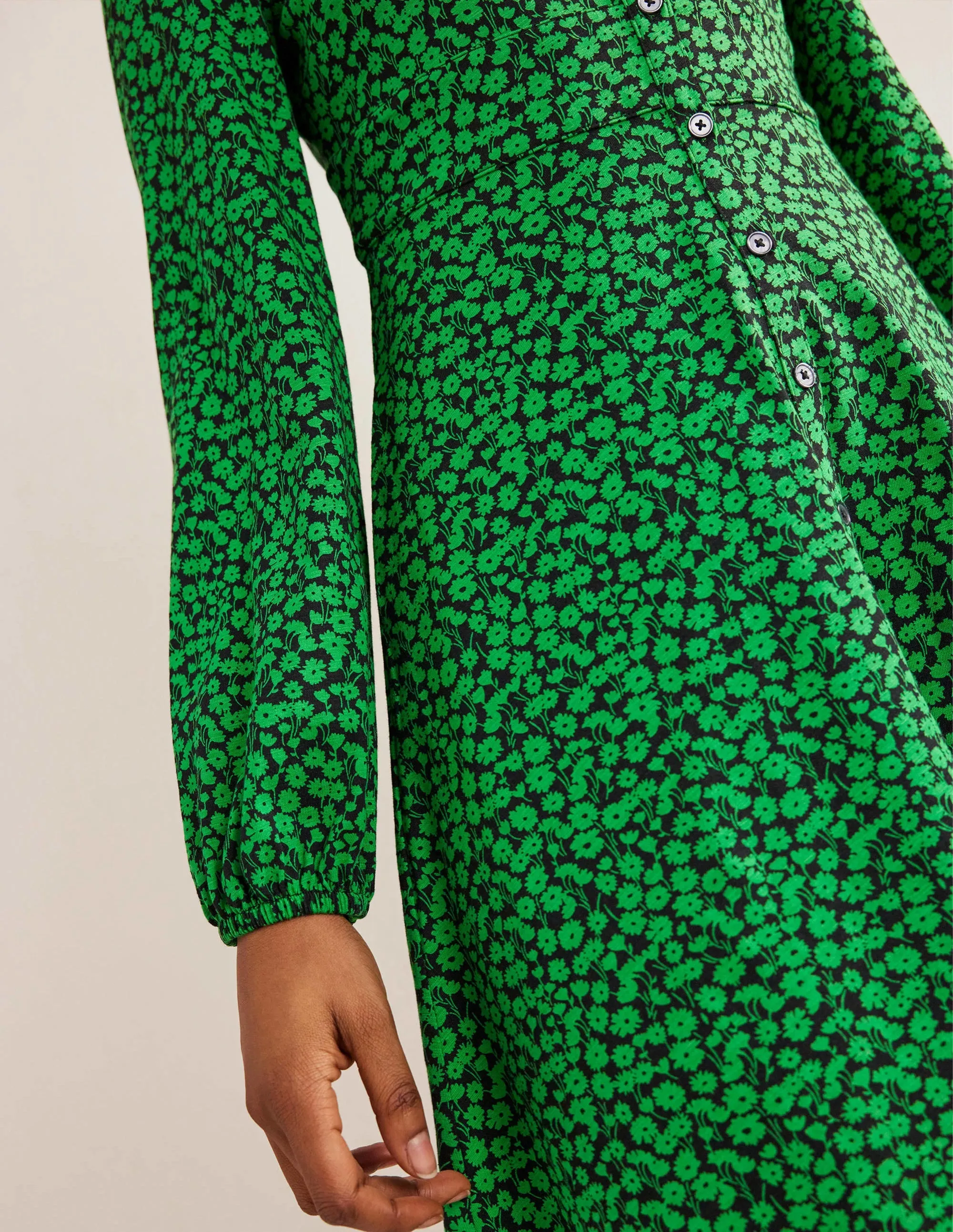 Button Front Jersey Mini Dress-Green Bee, Tulip Sprig