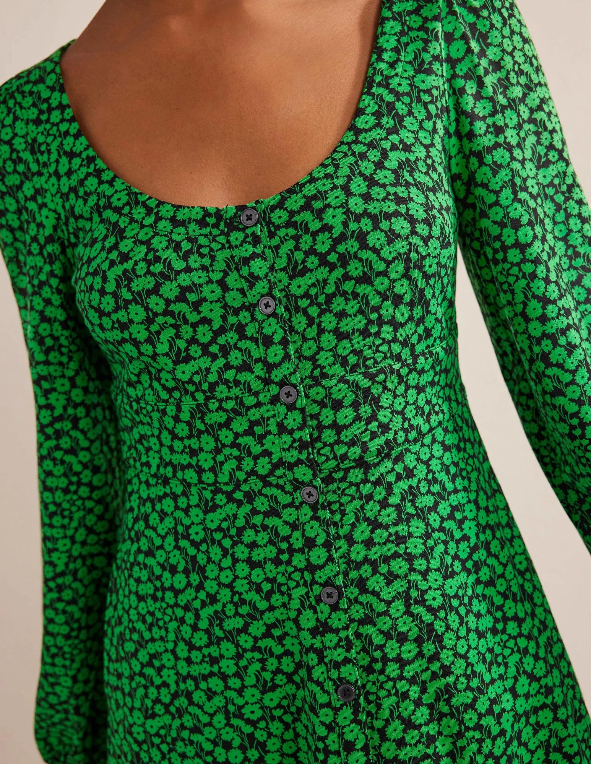 Button Front Jersey Mini Dress-Green Bee, Tulip Sprig