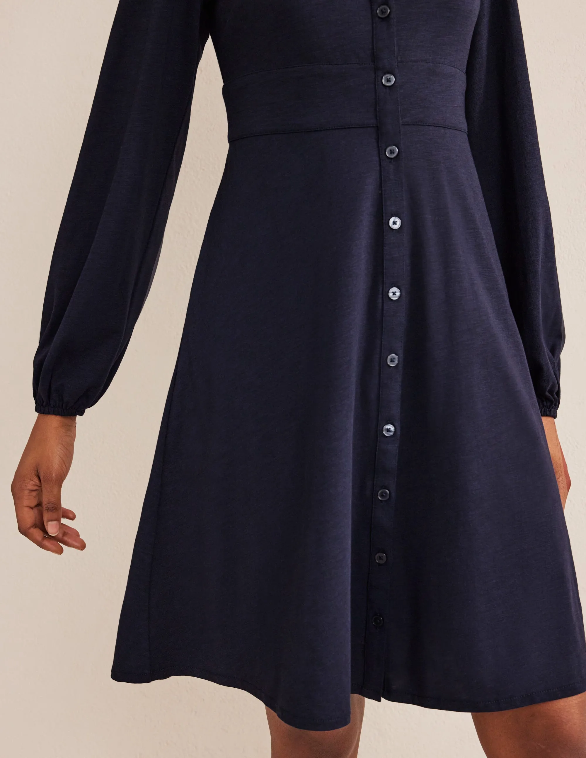 Button Front Jersey Mini Dress-Navy