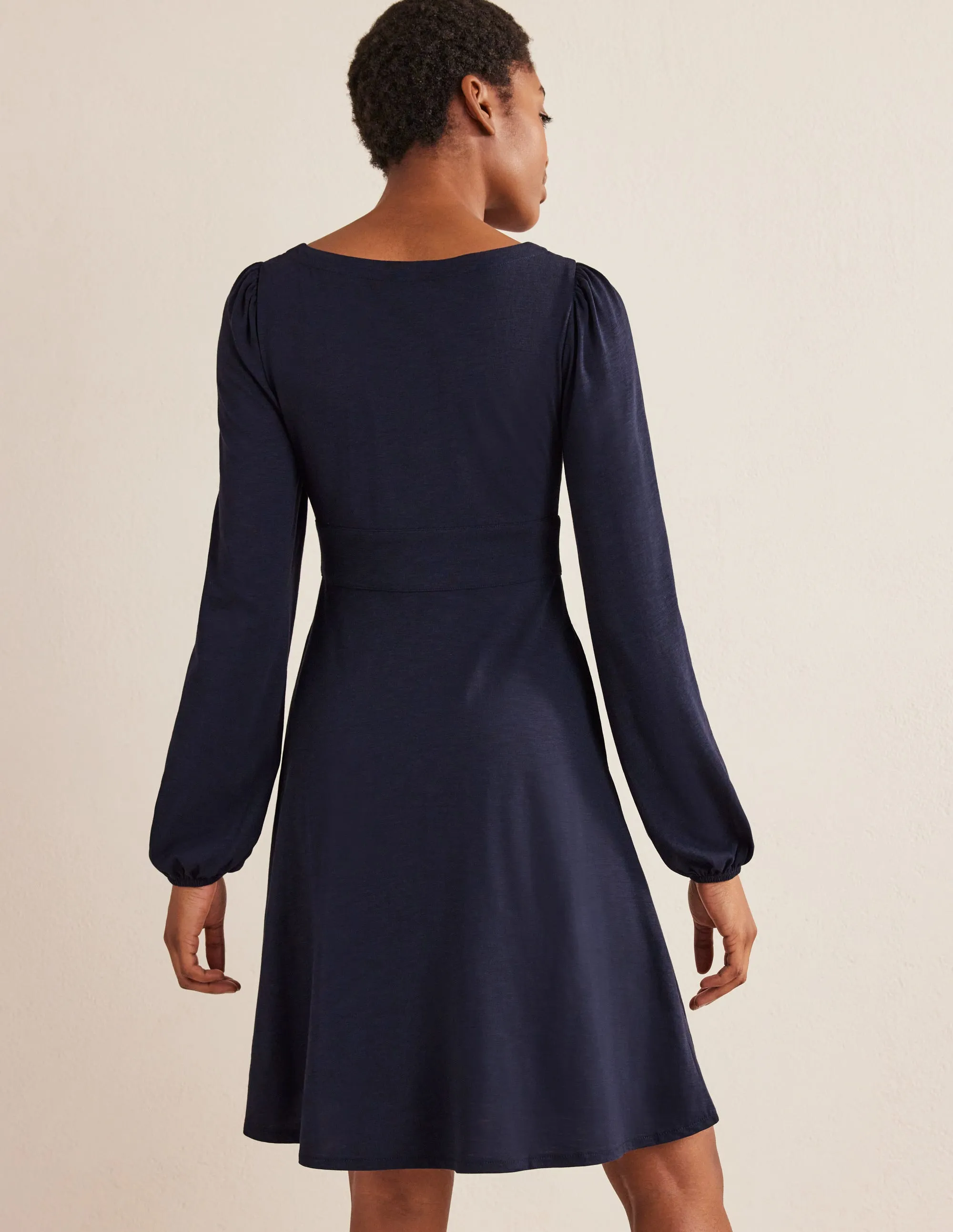Button Front Jersey Mini Dress-Navy