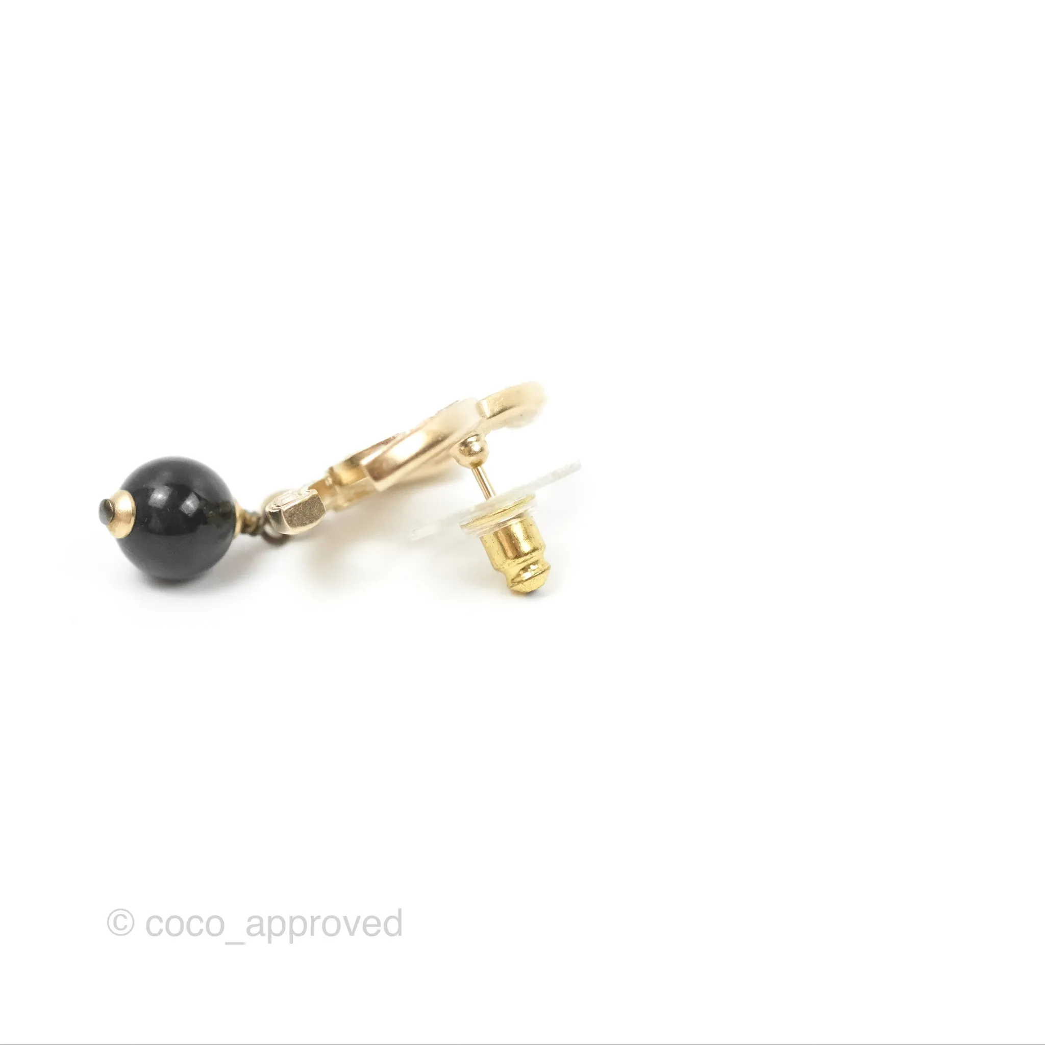 Chanel Champagne Crystals CC Black Bead Drop Earrings Gold Tone 21S