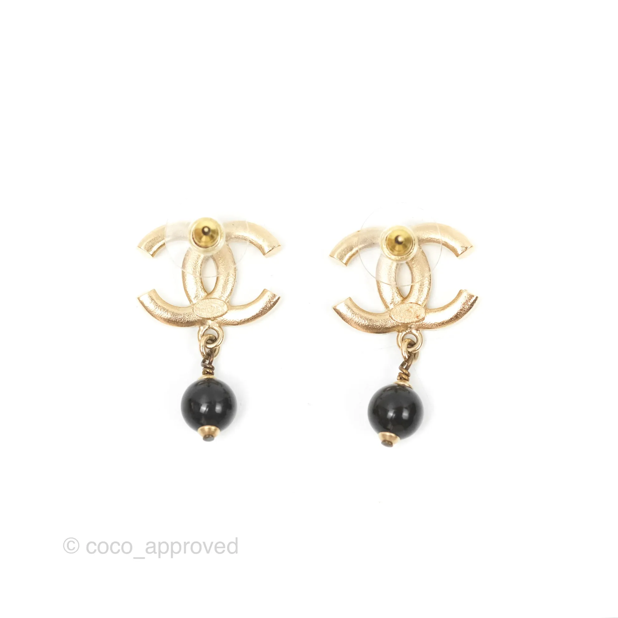 Chanel Champagne Crystals CC Black Bead Drop Earrings Gold Tone 21S