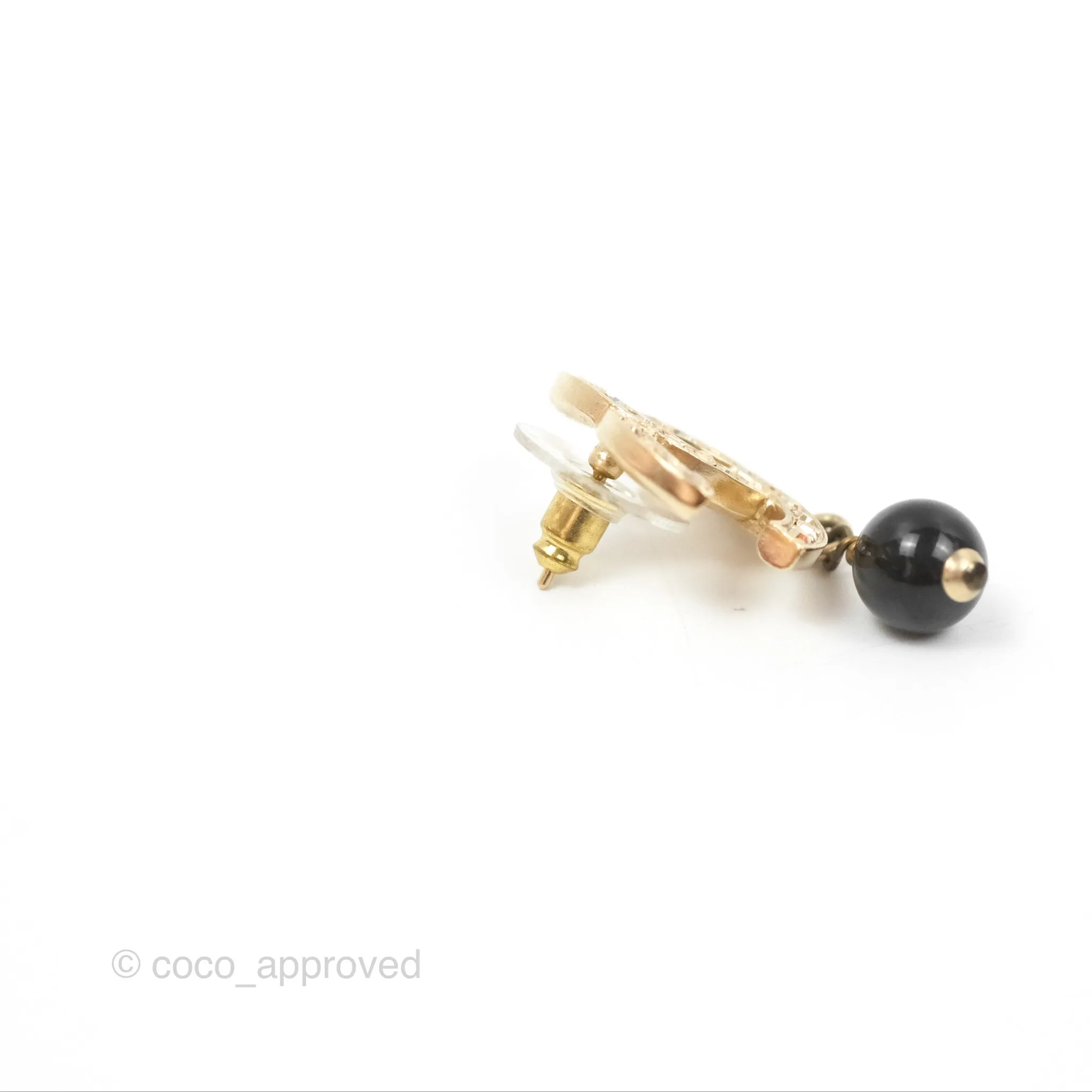 Chanel Champagne Crystals CC Black Bead Drop Earrings Gold Tone 21S