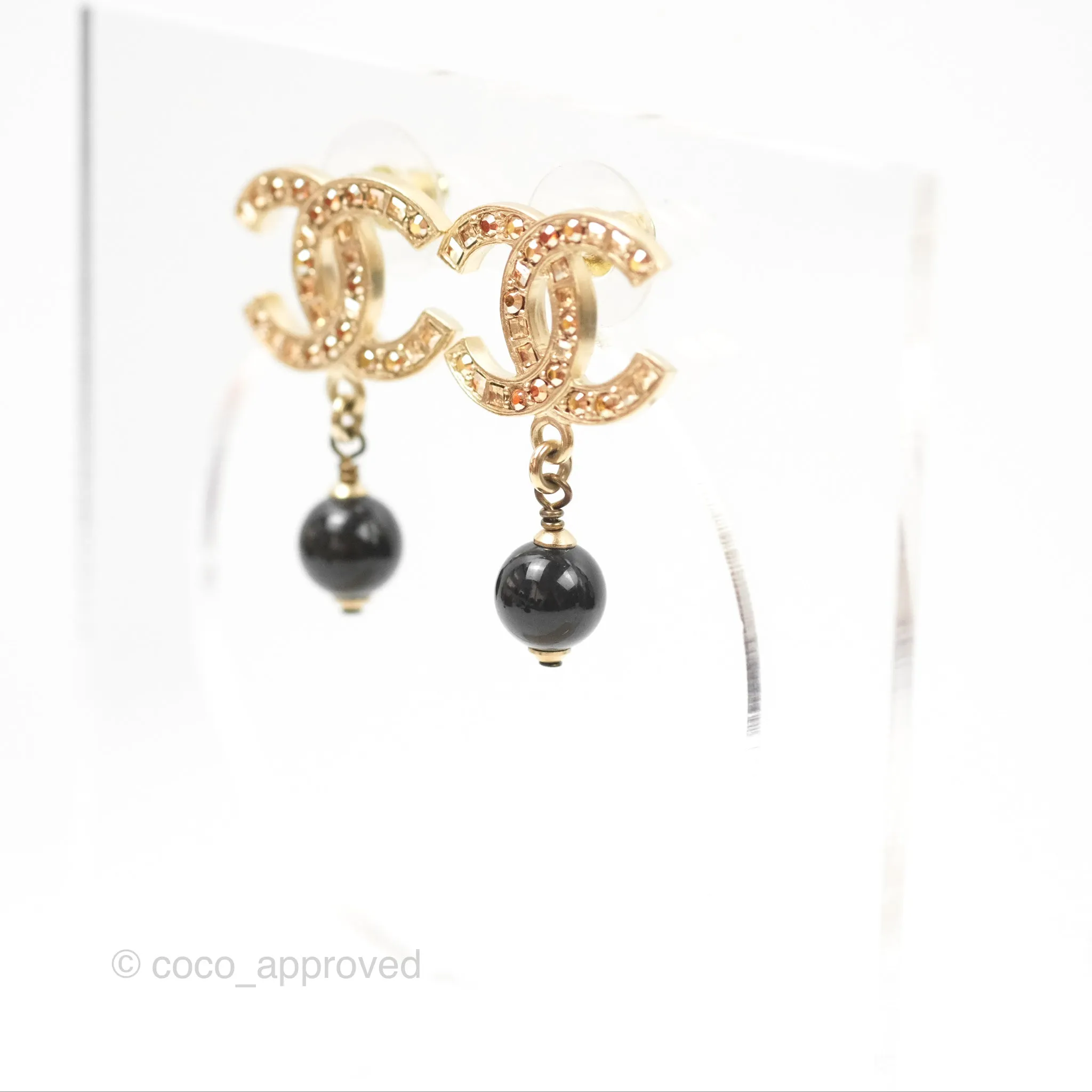 Chanel Champagne Crystals CC Black Bead Drop Earrings Gold Tone 21S