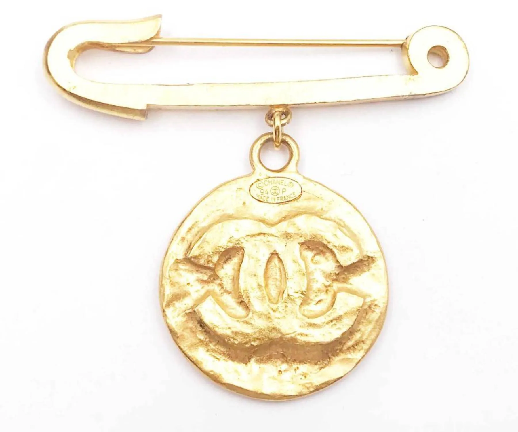 CHANEL Vintage Gold Plated Medallion Coin Safety Pin Brooch