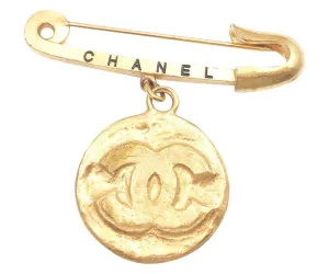 CHANEL Vintage Gold Plated Medallion Coin Safety Pin Brooch