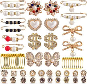 Charms for Socks Safety Pins 54pcs Brooches and Pins for Women Gold Junk Sock Charms Pins Jewelry Accessories Bulk Rhinestone Pearl Brooch Pins Button Pins for Women Clothes Hats Shoes Scarf Shawl