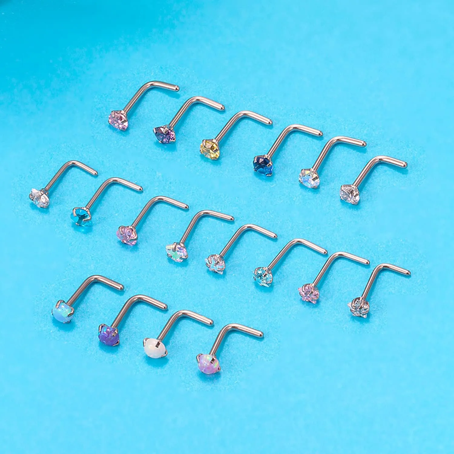 Cisyozi 18G 20G Hypoallergenic Nose Rings Studs Surgical Steel Opal Heart Star Nose Stud Cubic Zirconia Nose Piercing Jewelry for Women Men Straight L Shaped Screw Style