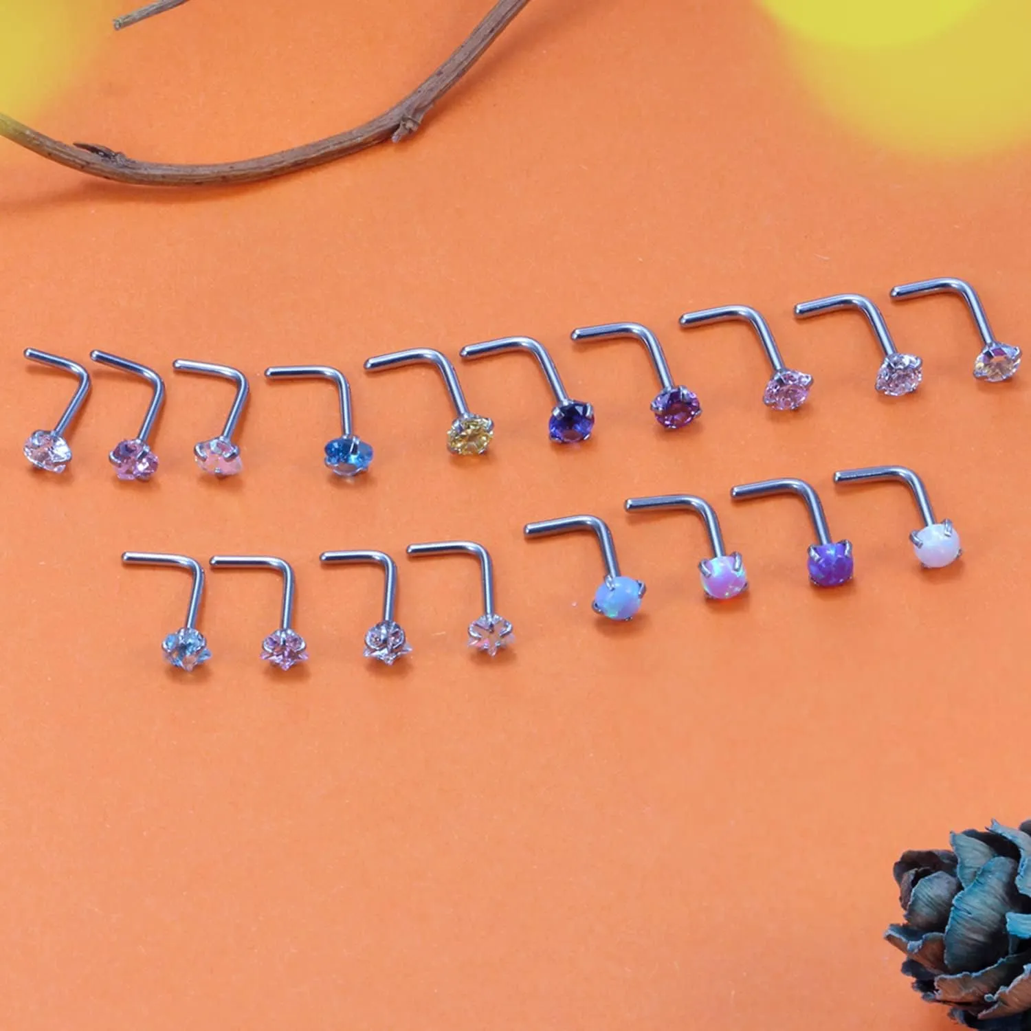 Cisyozi 18G 20G Hypoallergenic Nose Rings Studs Surgical Steel Opal Heart Star Nose Stud Cubic Zirconia Nose Piercing Jewelry for Women Men Straight L Shaped Screw Style