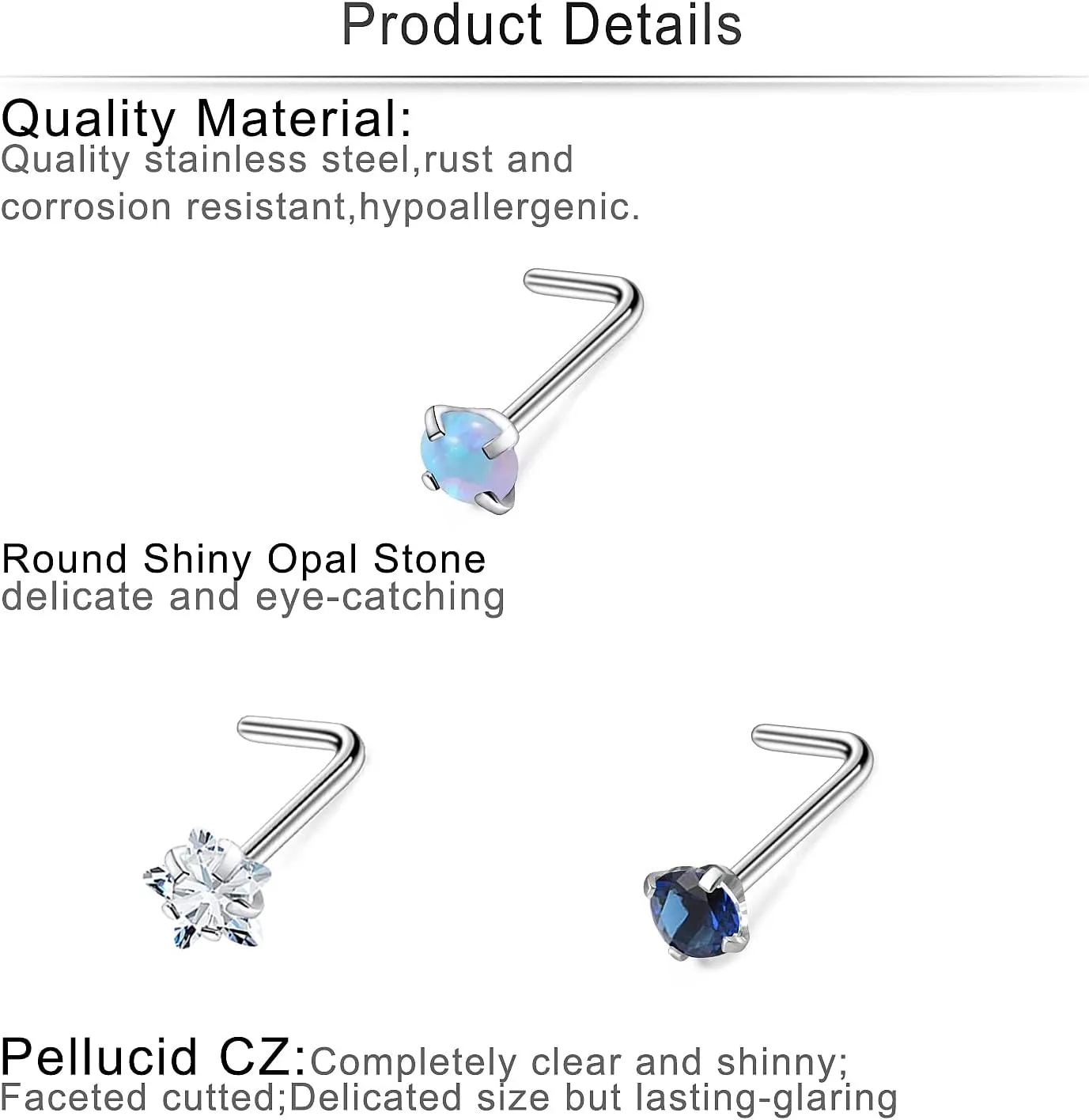 Cisyozi 18G 20G Hypoallergenic Nose Rings Studs Surgical Steel Opal Heart Star Nose Stud Cubic Zirconia Nose Piercing Jewelry for Women Men Straight L Shaped Screw Style