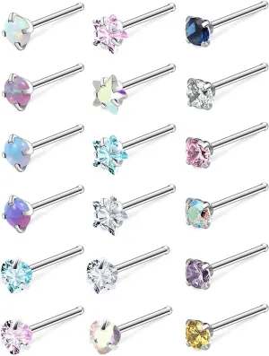 Cisyozi 18G 20G Hypoallergenic Nose Rings Studs Surgical Steel Opal Heart Star Nose Stud Cubic Zirconia Nose Piercing Jewelry for Women Men Straight L Shaped Screw Style