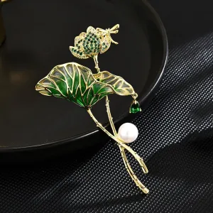 Copper Inlaid Cubic Zirconia Temperament Imitation Pearl Lotus Leaf Brooch Women