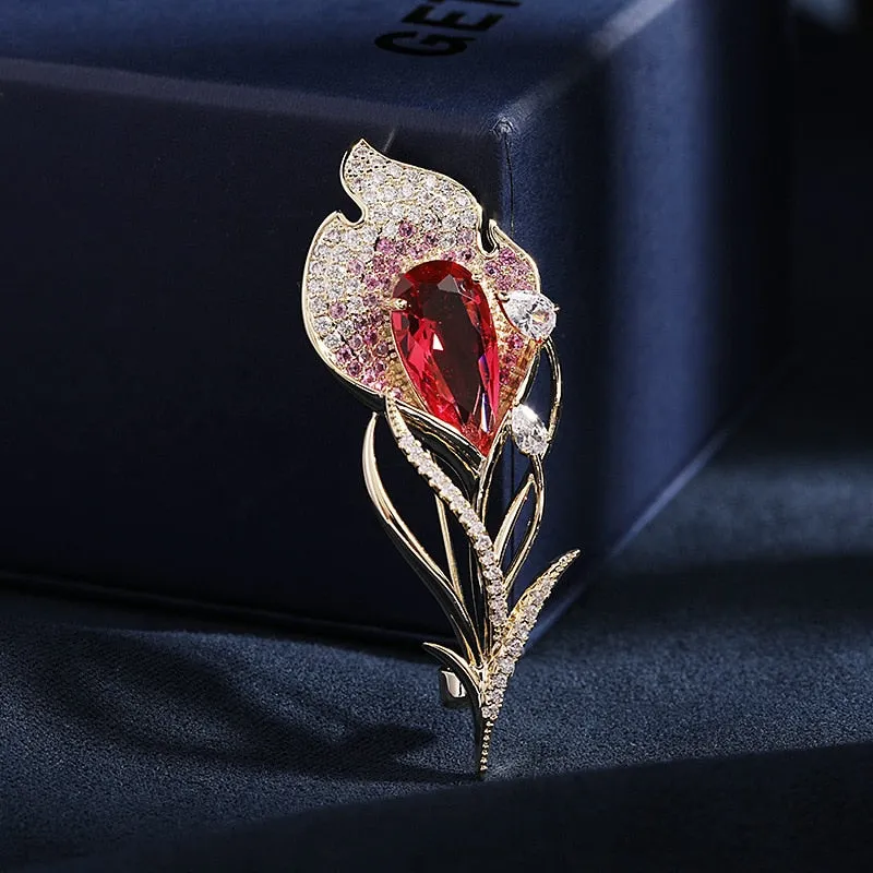 Copper Micro Inlaid Cubic Zirconia Color Flower Brooch Jewelry Gift