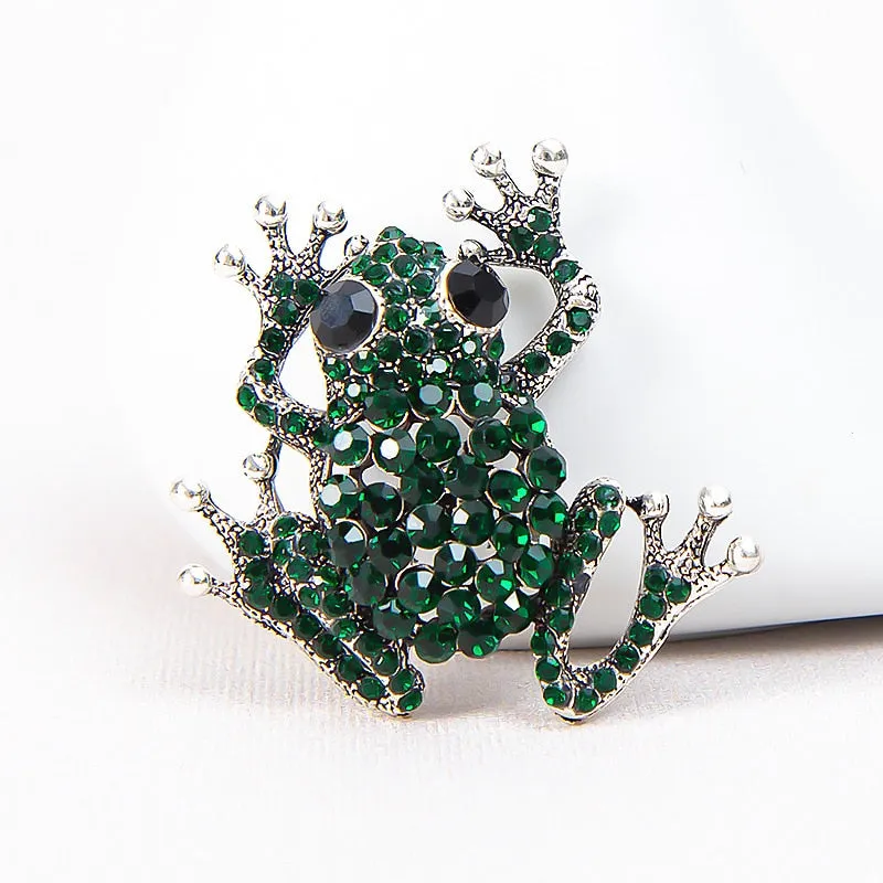 Cute Rhinestone Frog Brooches Women Kids Metal Green Frogs Animal Causal Brooch
