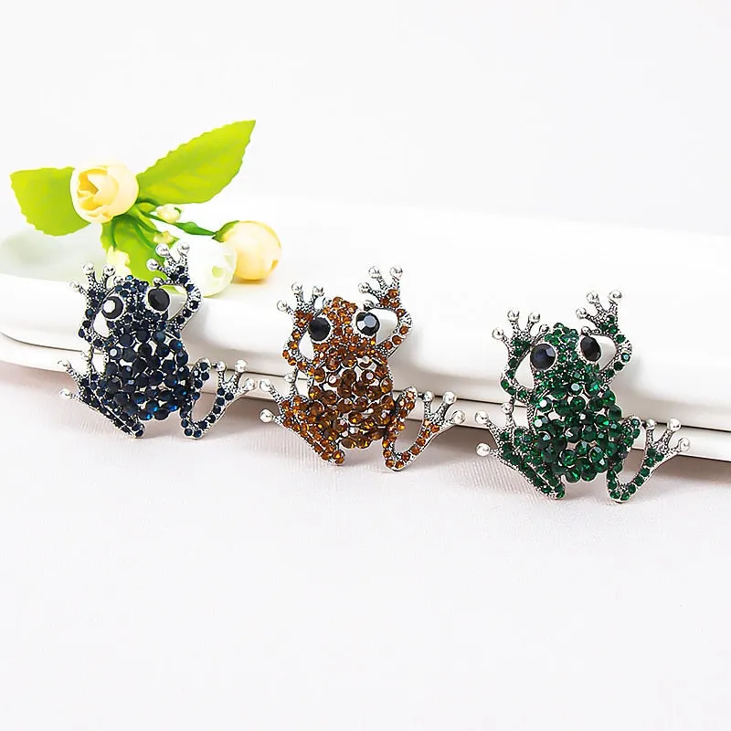 Cute Rhinestone Frog Brooches Women Kids Metal Green Frogs Animal Causal Brooch