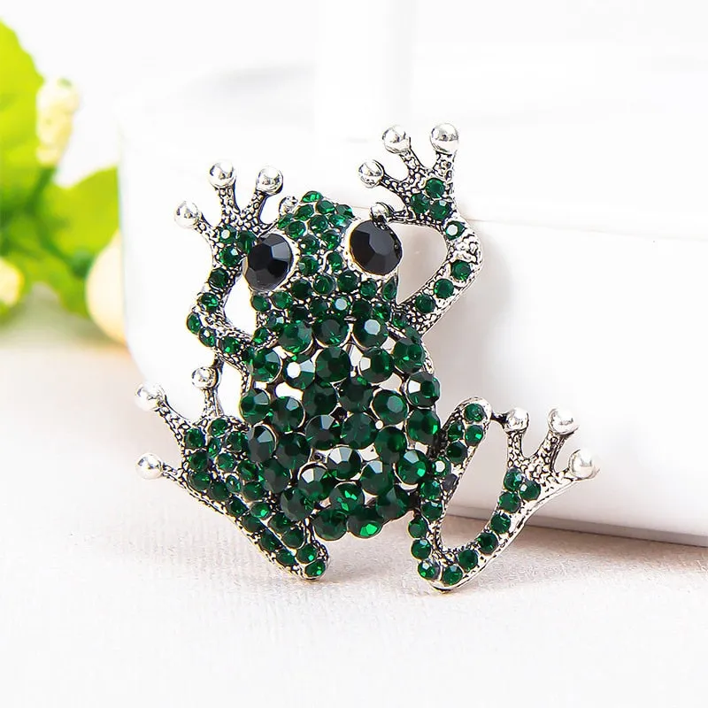 Cute Rhinestone Frog Brooches Women Kids Metal Green Frogs Animal Causal Brooch