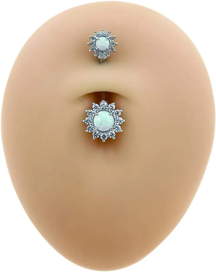 Excepro Belly Rings 316L Surgical SS 14G White Blue Sun Flower CZ Opal Body Jewelry Shiny Belly Button Rings