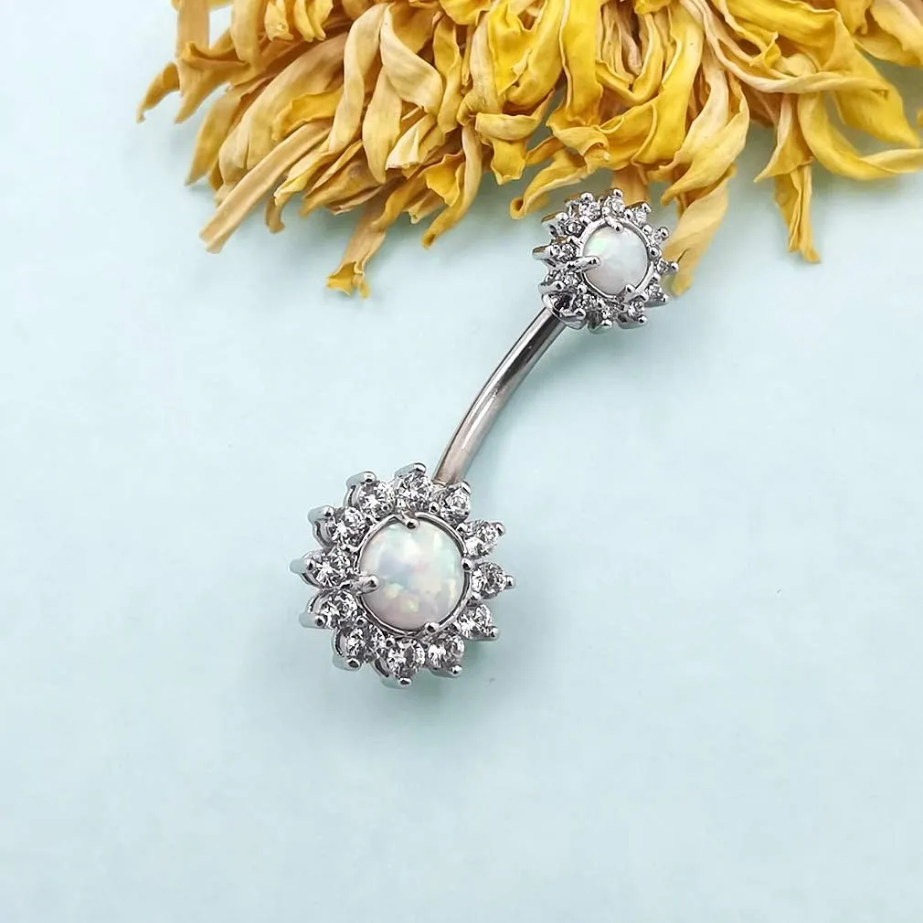 Excepro Belly Rings 316L Surgical SS 14G White Blue Sun Flower CZ Opal Body Jewelry Shiny Belly Button Rings