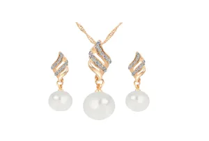 Feminine New Crystal Gold Color Big Simulated Pearl Jewelry Set Casual Water Drop Earrings Necklace Set