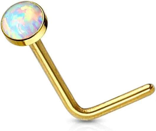 FIFTH CUE 20G Synthetic Opal Set Flat Top PVD Over 316L Surgical Steel L bend Stud Nose Rings