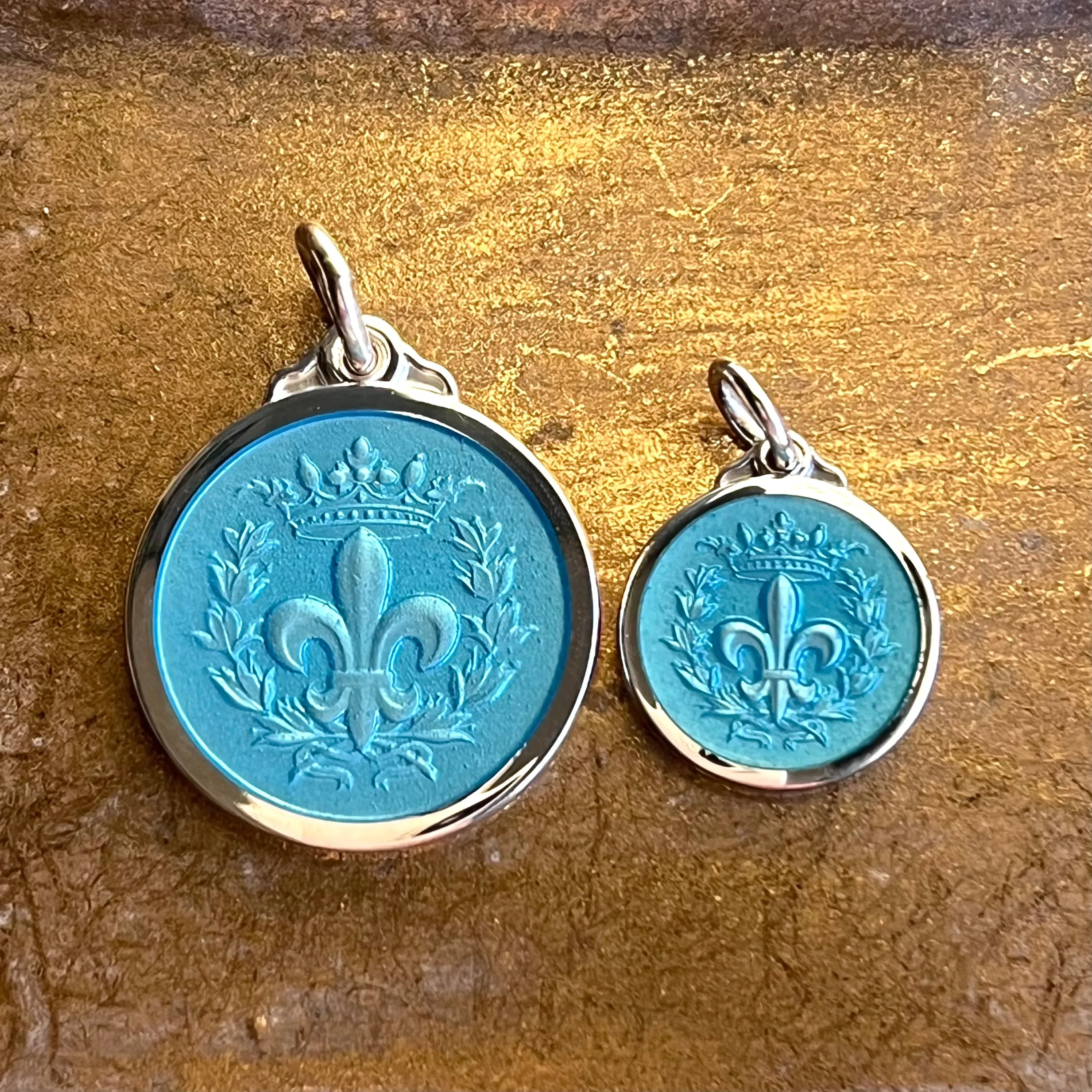 Fleur de Lis Enamel - Light Blue-Aqua, Sterling Silver, Two sizes