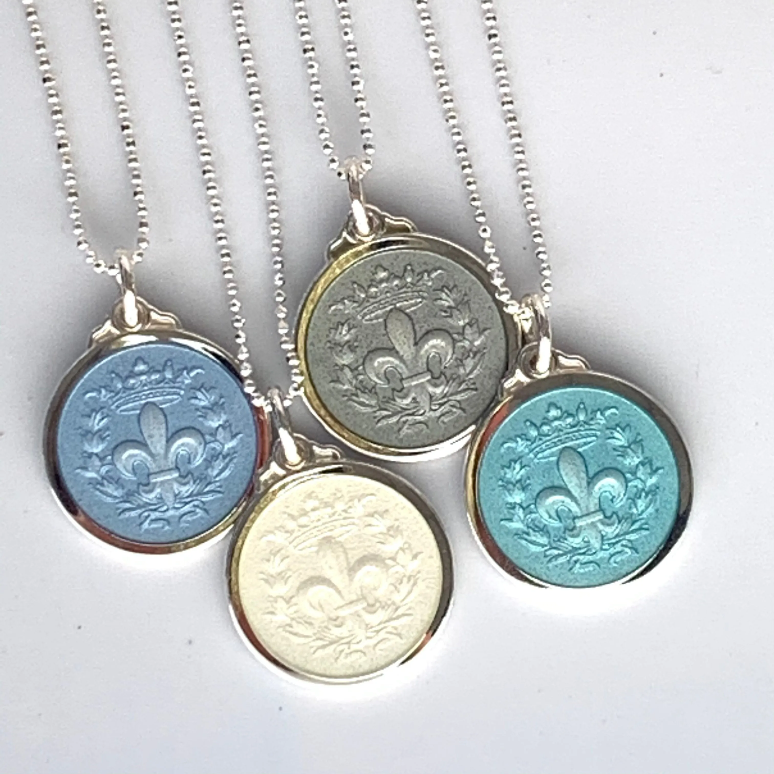 Fleur de Lis Enamel - Light Grey, Sterling Silver, Two sizes