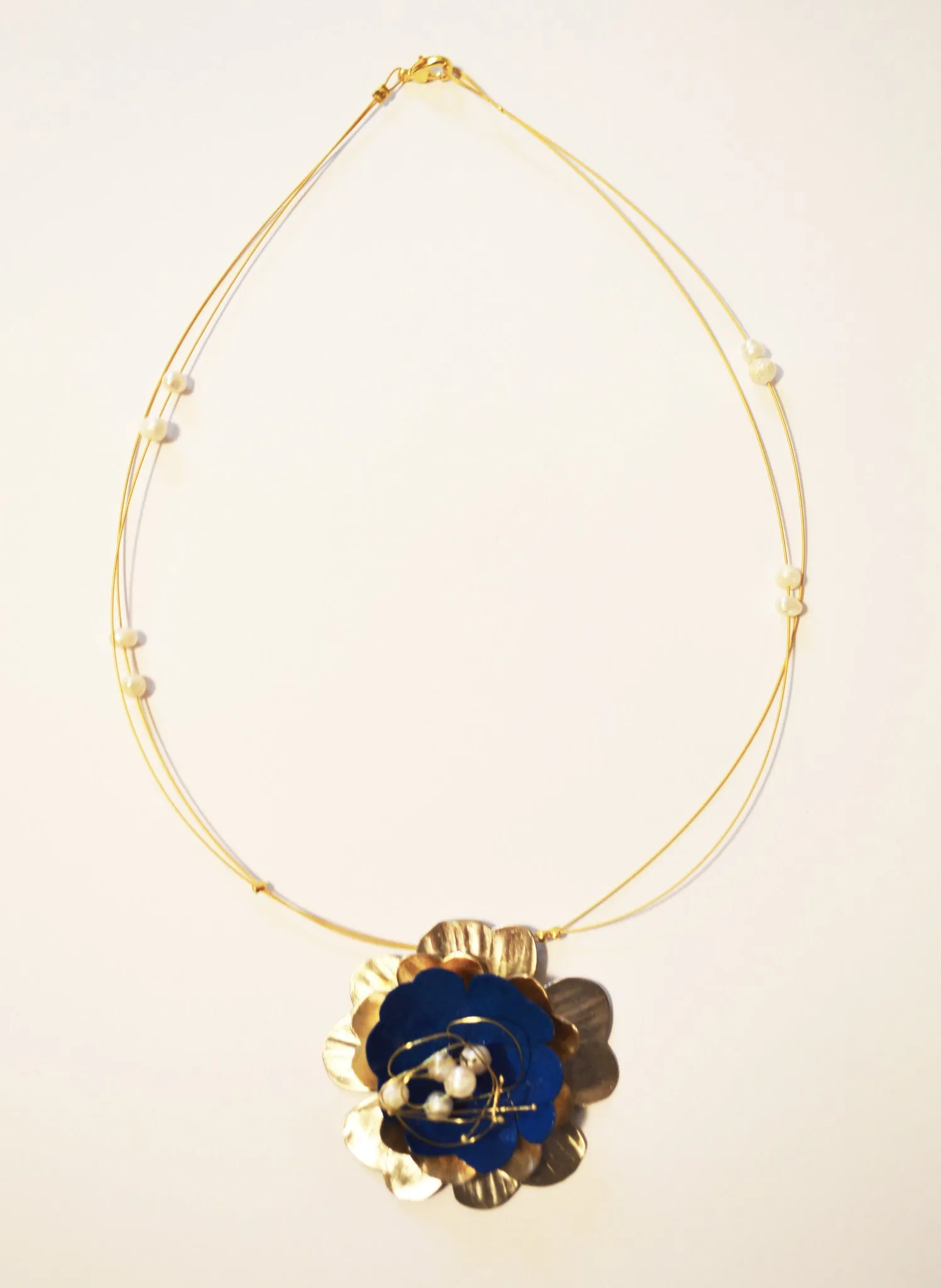 Forget Me Not Blue Flower Wired Pearl Necklace