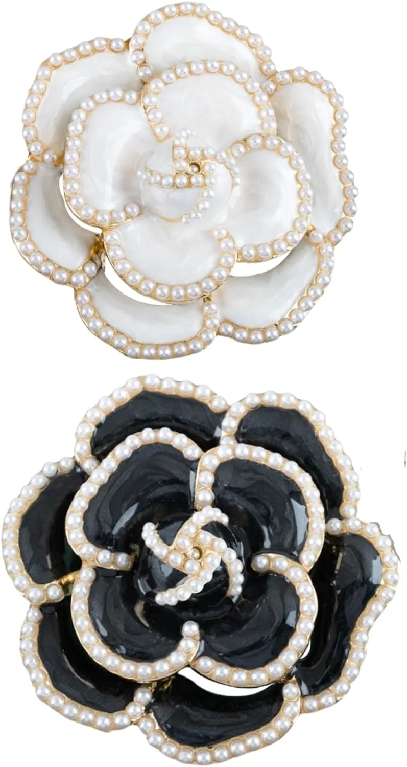 Framendino, 2 Pack Camellia Flower Brooch Pins Elegant Faux Pearl Brooches for Women Party Wedding Banquet White Black
