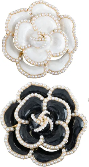 Framendino, 2 Pack Camellia Flower Brooch Pins Elegant Faux Pearl Brooches for Women Party Wedding Banquet White Black