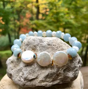 Fresh Water Pearl and Aquamarine Gemstone Bracelet