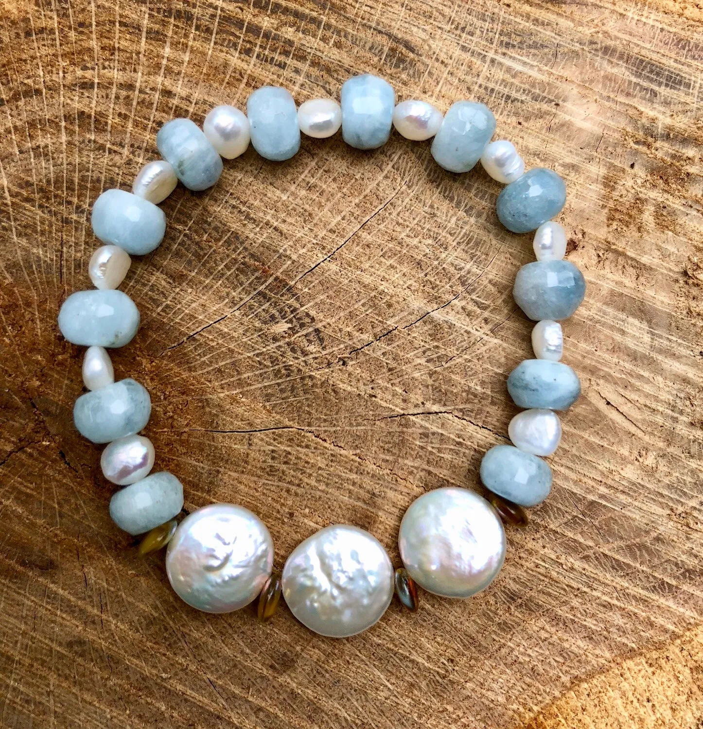 Fresh Water Pearl and Aquamarine Gemstone Bracelet