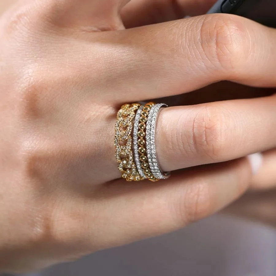 Gabriel & Co. 14K White-Yellow Gold Wide Band Layered Diamond Ring