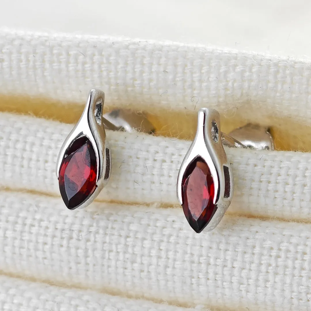 Garnet Earrings Sterling Silver Studs Minimalist Marquise