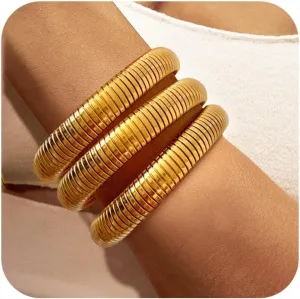 Gold Bangles for Women Chunky Gold Bracelets 18K Gold Plated Stainless Steel Bangles Bracelets Flexible Stretch Bangle Chunky Jewelry for Women