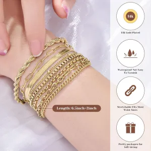 Gold Bracelets for Women, 14K Gold Plated Jewelry Sets for Women Trendy Thin Dainty Stackable Cuban Link Paperclip Chain Bracelet Pack Fashion Accessories Gifts for Womens